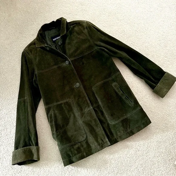 Vintage Y2K Sz Small Women's Olive Green Suede Leather Jacket Button Up Bernardo - Picture 1 of 12
